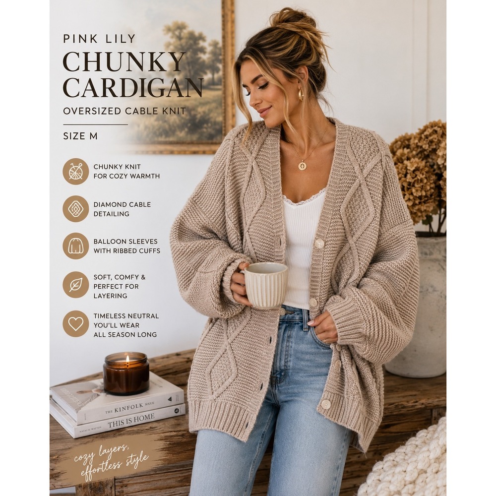 Pink Lily Oversized Chunky Knit Cardigan Oatmeal Cable Cozy Grandpa Sweater M